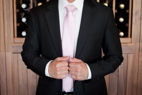 Black Tux With Blush Pink Tie, Black Suit Pink Bow Tie, Tux With Pink Tie, Black Suit With Pink Tie, Black Suit Pink Shirt, Black Suit Brown Shoes, Black Suit White Shirt, Pink Grey Wedding, Groom Suit Black