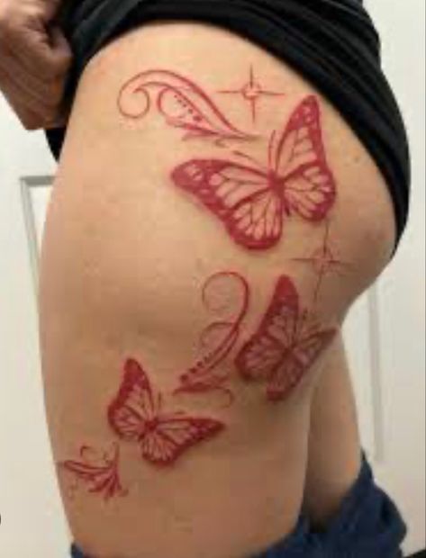 Red butterfly tattoo on but Butterfly Tattoos On Thigh, Tattoos For Buttocks For Women, Red Butterfly Tattoo, Butterfly Thigh Tattoo, Bug Tattoo, Red Butterfly, Hip Tattoo, Red Ink, Chest Tattoo