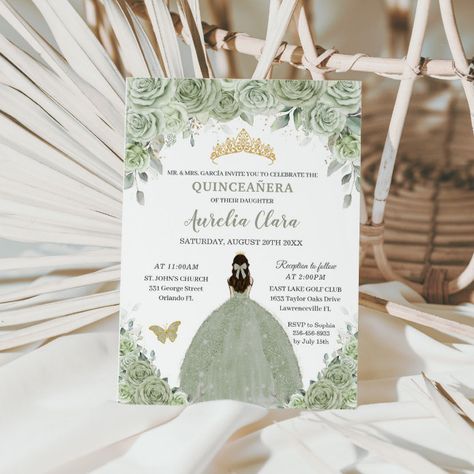 Sage Green Floral Roses Princess Gold Quinceañera Invitation - tap/click to get yours right now! #Invitation #elegant #stylish #sweet #girly #invitation, Sage Green Ball Gown, Girly Invitation, Pastel Sage Green, Invitations Quinceanera, Green Ball Gown, Quinceañera Invitation, Lollipop Party, Quince Invitations, Sage Green Floral