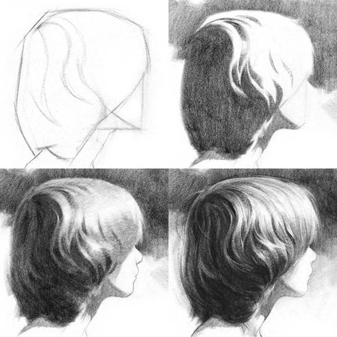 Proko demonstrates drawing hair.  Volume first, then lights and darks, add highlights, then texture (last). Hair Highlights Reference Drawing, How To Draw Real Hair, How To Draw Hair Texture, Hair Texture Reference, Drawing Hair Texture, How To Draw Volume, How To Highlight Drawing, Hair Shading Tutorial Pencil, How To Draw Hair Highlights