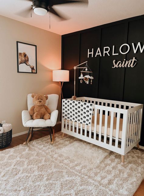 Nursery Layouts For Small Rooms, Brown Themed Nursery, Diy Bear Themed Decor, Gender Neutral Room Ideas, Black Theme Nursery, Dark Wood Floor Nursery, Big Nursery Room Layout, Nuetral Baby Nursery Ideas, Bears Nursery Theme