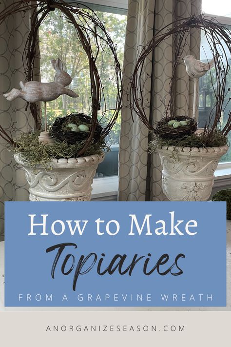 Topiaries On Mantle, How To Make A Topiary Tree Diy, Grapevine Wreath Ideas Diy Spring, Easter Bunny Topiary, Farmhouse Grapevine Wreath Ideas, Ivy Topiary Diy, Easter Decorations Wreaths & Garlands, Easter Garland Ideas, Grape Vine Wreaths Diy