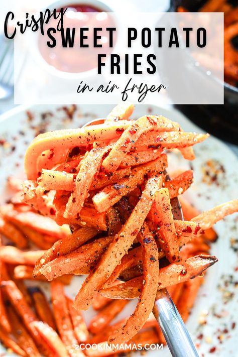 Meet your new addiction: crispy sweet potato fries in the air fryer! It's a simple combo of fresh potatoes, a drizzle of oil, a sprinkle of red pepper flakes, and a quick 20-minute air-fry session that creates the ultimate crispy yet tender fries. Whether you're pairing them with a juicy burger or indulging in a yummy snack, these fries are pure heaven! #airfryersweetpotatofries Sweet Potato Air Fryer Fries, Air Fry Sweet Potato Fries, Sweet Potato Air Fryer, Potato Fries In Air Fryer, Fries In Air Fryer, Fries In The Air Fryer, Spicy Sweet Potato Fries, Air Fryer Sweet Potato Fries, Crispy Sweet Potato Fries