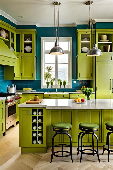 Bright Green Cabinets, Old World Kitchens, Teal Kitchen, Green Kitchen Cabinets, Colorful Kitchen, Kitschy Kitchen, Kitchen Design Plans, Green Cabinets, Yellow Walls