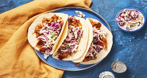 BBQ Pulled Chicken Tacos Recipe | HelloFresh Fry Tacos, Pulled Pork Tacos Recipe, Pulled Chicken Tacos, Bbq Pulled Chicken, Fried Tacos, Beef Tacos Recipes, Taco Dinner, Pulled Pork Tacos, Chicken Taco Recipes