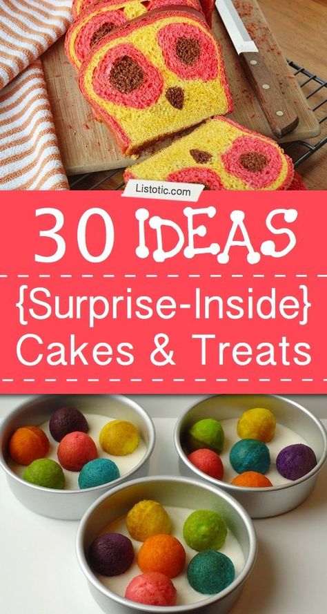 30 Different cakes and sweets with treats hidden on the inside to surprise your friends and guests. Surprise Inside Cake Ideas, Surprise Inside Cake, Inside Cake, Surprise Cake, Ideas Food, Awesome Cakes, Treat Ideas, Different Cakes, Cake Decorating Tips