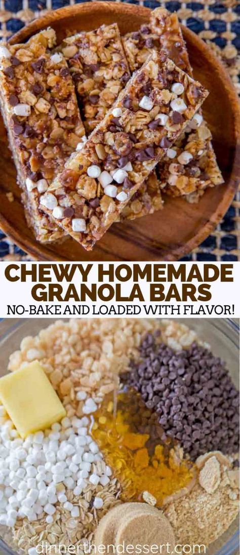 Packing For School, Chocolate Chips And Marshmallows, Bars With Chocolate Chips, Chewy Granola Bars, Granola Recipe Bars, Chewy Granola, Homemade Granola Bars, Granola Bar, Granola Recipe