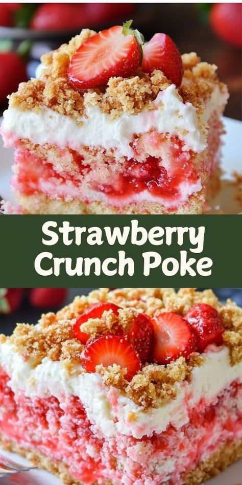 If you’re looking for a show-stopping dessert that’s as delicious as it is beautiful, look no further than this Irresistible Strawberry Crunch Poke Cake. Poke Cake Strawberry, Strawberry Crunch Poke Cake, Strawberry Jello Cake, Jello Poke Cake, Strawberry Poke Cake, Poke Cake Jello, Strawberry Crunch Cake, Strawberry Poke Cakes, Strawberry Crunch