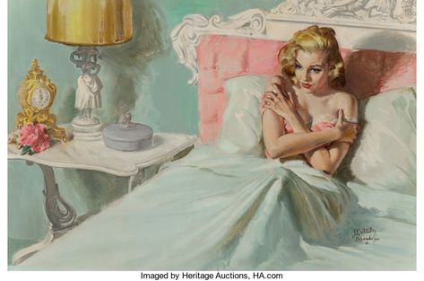 Mainstream Illustration, Walter Martin Baumhofer (American, 1904-1987). Riddler or toLove Again, probable magazine interior illustration, 1951. ... Pulp Illustration, Drawing Bed, 1950s Art Women, 50s Illustration, Vintage Illustration Art Retro, In Bed Illustration, 1950s Posters Women, Woman In Bed Illustration, Woman Sleeping Illustration