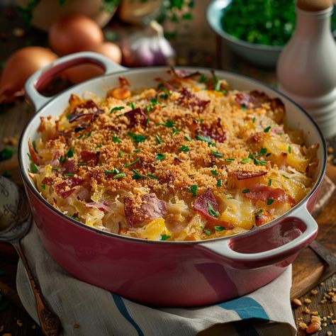 Savory Sauerkraut and Bacon Casserole Bring a touch of hearty, old-world comfort to your table with this Savory Sauerkraut and Bacon Casserole. This dish is a delightful blend of tangy sauerkraut, crispy bacon, and tender potatoes, all baked to golden perfection. It’s a perfect side dish or even a main course that pairs wonderfully with a variety of meats and salads. Let’s dive into the recipe! Ingredients: For the Casserole: 1 lb sauerkraut, drained 1 1/2 lbs potatoes, peeled and thinly sli... Casserole Aesthetic, Hotel Recipes, Bacon Casserole, Table Food, Caraway Seeds, Interesting Food, Recipe Ingredients, Perfect Side Dish, Crispy Bacon