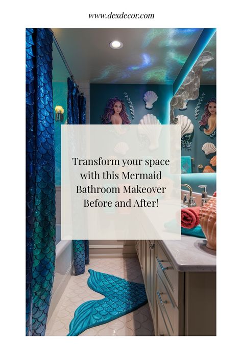 Mermaid-themed bathroom with oceanic decor, including a mermaid mural, seashells, and scale-patterned shower curtain. Vintage Mermaid Bathroom, Mermaid Tile Bathroom, Mermaid Bathroom Ideas, Sea Bathroom Ideas, Under The Sea Bathroom Ideas, Under The Sea Bathroom, Sea Bathroom, Mermaid Bathroom Decor, Magical Underwater