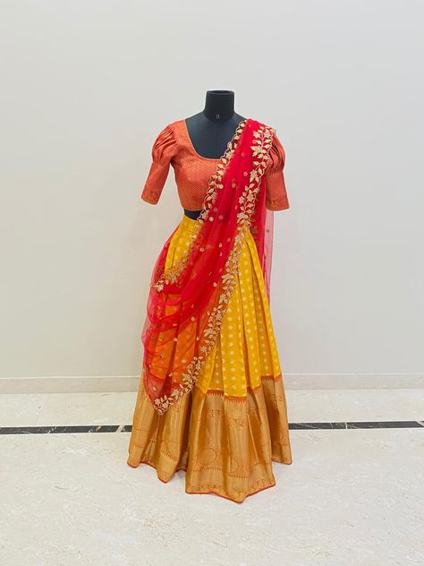 Yellow And Red Half Saree, Red Half Saree, Yellow Combination, Brocade Blouse Designs, Red Combination, Brocade Blouse, Fancy Kurti, Brocade Blouses, Half Saree Designs