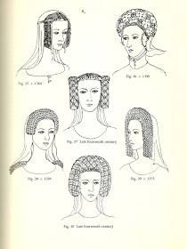 Plantagenet Crespine (1364-late 14th century)-Wearing the hair in vertical braids continued to be in fashion throughout the Planagenet period. Headdresses like fig. 25 featured fillets made of silver and gold, set with jewels. False hair was probably used and the whole piece would simply be placed over the head. 14th Century Fashion, Historical Hairstyles, Simple Veil, Medieval Hairstyles, Medieval Woman, Medieval Europe, John William Waterhouse, History Fashion, Medieval Costume