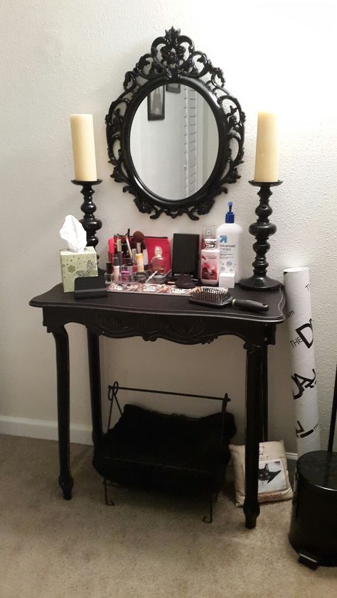 Goth Side Table, Goth Table, Goth Vanity, Gothic Home Decor Ideas, Goth Room, Gothic Room, Bedroom Upgrade, Classy Bedroom, Dark Home Decor