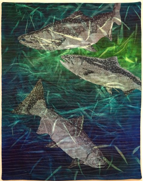 Sacramento River Chinook by Martha Wolfe.  Inspirations II exhibit at the San Jose Museum of Quilts & Textiles 2016. National Quilt Museum, Ocean Quilt, Fish Quilt, Patchwork Quilting Designs, Marine Colors, Nature Collage, Sea Quilt, Landscape Art Quilts, African Art Paintings