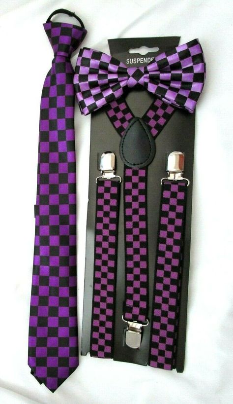 UNISEX FASHION SHINNY PURPLE AND BLACK CHECKERED TUXEDO ADJUSTABLE ALL POLYESTER SILK BOW TIE-NEW IN FACTORY BOX,11.5" PURPLE AND BLACK PRE-TIED ADJUSTABLE ZIPPER NECK TIE, AND 1" THREE ROW BLACK/PURPLE CHECKERS CHECKERED DIAMONDS ADJUSTABLE SUSPENDERS COMBO! PERFECT FOR HALLOWEEN! 100% brand new and high quality Unique Design Material: Polyester Silk Unisex for Men,Boys,Women,or Girls Adjustable Strap with Hook and Eye Fastener Workmanship: Superb Approximate Size:12cm x 6cm Approximate Maximum Funky Ties, Kid Core Outfits, Checkered Clothes, Masc Outfits, Zipper Neck, Fabulous Outfits, Purple Suits, Bowtie And Suspenders, Tie Bow Tie