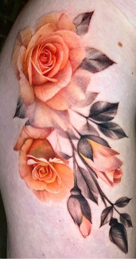 Peach Rose Tattoo, Coral Rose Tattoo, Peach Roses Tattoo, Rose Colour Tattoo Design, Colour Rose Tattoo Design, Orange Rose Tattoo, Yellow Rose Tattoo, Coloured Rose Tattoo, Yellow Orange Rose Tattoo