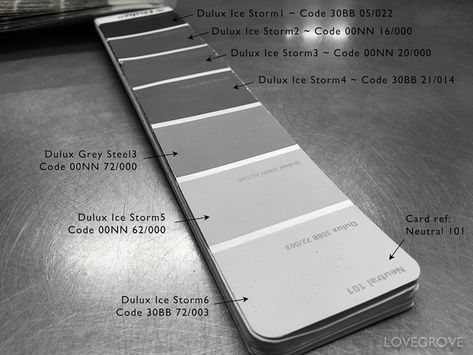 3. Here are the codes for the complete Ice Storm range of neutral paint colours. Ice Storm1 is black and Ice Storm7 is a sort of dove white. Dulux Paint Colours Grey, Dulux Grey Paint, Grey Paint Palette, Dulux Grey, Neutral Paint Colours, Dulux Paint Colours, Ensuite Ideas, Dove White, Paint Color Chart