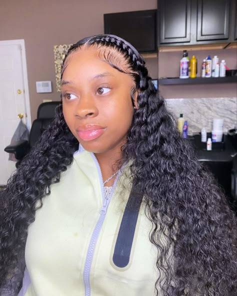 Deep Wave With Braid Across, Quickweave With Braids, Sew Ins Hairstyles, Braid Lace Front Wigs, Two Braids Hairstyle Black Women, Two Braids Hairstyle, Knotless Braid Hairstyles, Baddie Hair Styles, Hairstyle Black Women