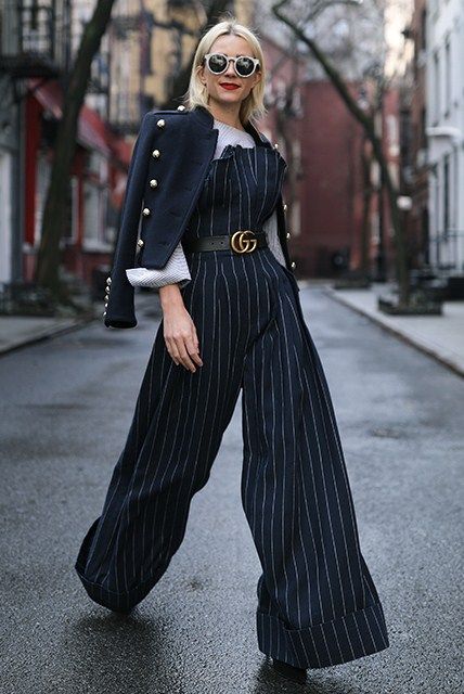 Pinstripe Jumpsuit Outfit, Strapless Jumpsuit With Shirt Underneath, Funky Formal Outfit, Pinstripe Outfit, Pinstripe Jumpsuit, Atlantic Pacific, Tie Waist Jumpsuit, Mode Chanel, Burberry Coat