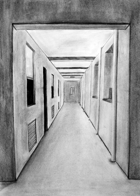 Also when you were very young you drew a scene of a roadway with perfect perspective. One Point Perspective Drawing Hallway, One Point Perspective Hallway, 1st Person Point Of View Drawing, Space Perspective Drawing, Illusionary Space, Corridor Drawing, Vanishing Point Drawing, Hallway Drawing, Pictorial Drawing