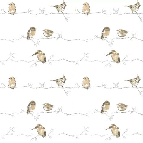 British birds in a hand painted style perch on loosely sketched silver branches. Shown here in the neutral and chalk colour way. Other colours available. A paste the wall and wide width product. Chalk Wallpaper, Mom Bedroom, Wallpaper Birds, Linden Homes, Child Bedroom, White Lounge, Harlequin Wallpaper, British Birds, Small Toilet