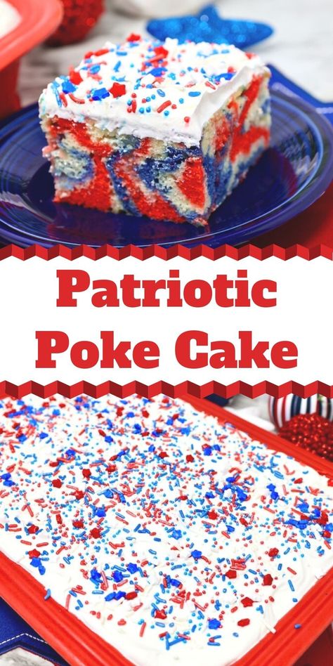 This Patriotic Poke Cake is the ideal dessert for Memorial Day or the Fourth of July. Your taste senses will be delighted by the brilliant and beautiful red, white, and blue cake with the cheesecake topping. Garnish it with red, white, and blue sprinkles to give it a festive look. Perfect to make ahead, too! Fourth Of July Sheet Cake, Memorial Day Poke Cake, Fourth Of July Cakes Ideas, Patriotic Poke Cake, Red White And Blue Cake, Red White And Blue Poke Cake 4th Of July, 4th Of July Jello Poke Cake, Labor Day Cake Ideas, Patriotic Cake Ideas