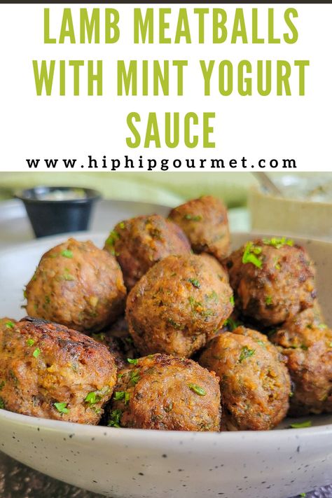 bowl of meatballs garnished with chopped parsley, ramekin with white sauce in the background Middle Eastern Meatballs, Lamb Meatballs Greek, Mint Yogurt Sauce, Mint Yogurt, Meatball Sauce, Lamb Meatballs, Yogurt Sauce, Mediterranean Recipes, Quick Dinner