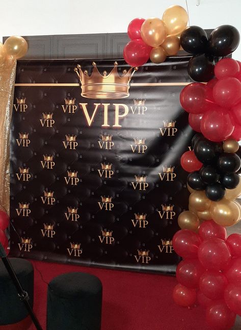 VIP backdrop was created with red, gold and black balloon garland. #velvetoasisevents #vipbackdrop #redgoldblack Vip Backdrop Ideas, Red And Black 15 Party, Vip Prom Theme, Black And Red Party Theme For Men, Black And Red Birthday Theme For Men, Vip Birthday Party Ideas, Black And Red Party Decorations, Red Black And Gold Birthday Party Decor, Black And Red Party Theme