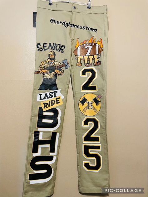 PRICE INCLUDES DICKIE PANTS  All artwork is hand painted. Design includes a total of 5 images on both pants legs.  Once payment is received, you will receive shipping address. Please allow 6 weeks for completion, starting from the date your jeans have been marked delivered. If you need it sooner, please message us to confirm availability. Rush fee $100 Graduation Pants, Dickie Pants, Senior Jeans, Pants Unique, Unique Graduation Gifts, Class Of 2025, Consent Forms, Last Ride, Graduation Parties