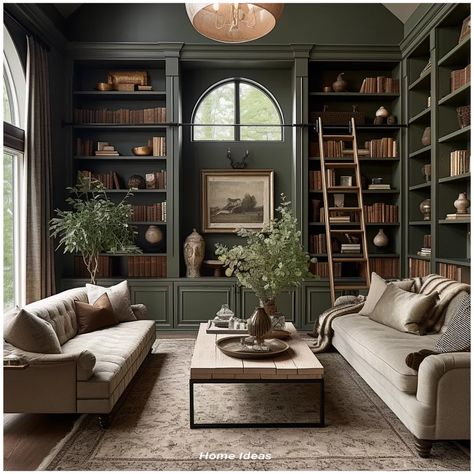 Green And Brown Library, Moody Office Bookshelves, Olive Green Study Room, Interior Design Library Home, Green Office Library, Modern Antique Interior, All Green Library, Library Office Paint Colors, Library In Room Ideas