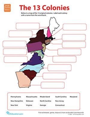 Name Game: The 13 Original Colonies | Worksheet | Education.com 13 Original Colonies, 13 Colonies Map, The 13 Colonies, 4th Grade Social Studies, 13 Colonies, American History Lessons, Homeschool Worksheets, 5th Grade Social Studies, Name Game