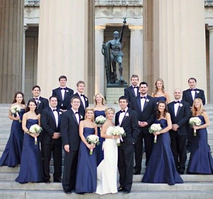 Black Tux with Navy dress? | Weddings, Wedding Attire | Wedding Forums | WeddingWire Black Tie Bridesmaid Dresses, Wedding Colors Black, White Tuxedo Wedding, Black Tie Bridesmaids, Navy Blue Bridesmaids, Navy Bridesmaids, Navy Blue Bridesmaid Dresses, Navy Bridesmaid Dresses, Trendy Wedding Dresses