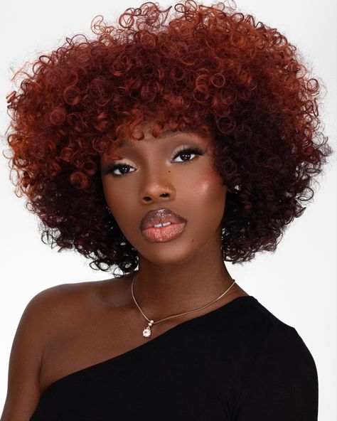 Black Women With Copper Hair, Hair Color Ideas For Natural Black Women, Ginger And Burgundy Natural Hair, Ginger Afro Wig, Copper Hair Natural Black Women, Afro Wig Styles, Afro Hairstyles Color, Curly Afro Hairstyles For Black Women, Copper Afro Hair