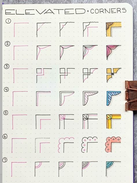 Border Line Ideas For Project, Coner Boder Design, Doodle Corner Ideas, Journal Corner Designs, Boder Degin On Paper Easy Simple, Corner Doodles, Corner Borders For Paper Hand Drawn, Journal Book Design, Borders Bullet Journal