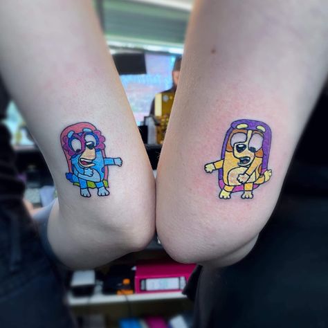 Bluey Bingo Tattoo Ideas, Matching Disney Tattoos For Best Friends, Cartoon Matching Tattoos, Bluey Tattoo Ideas, Bingo Tattoo, Bluey Tattoos, Bestie Tats, Bestie Tattoos, Couples Tattoo