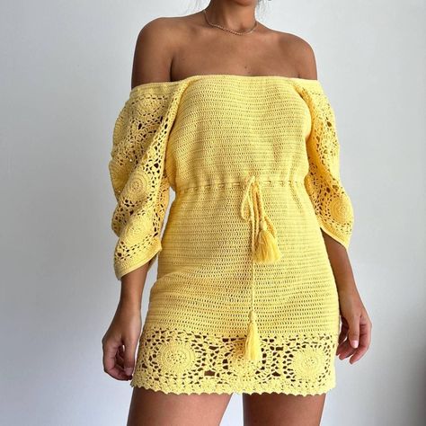 Spell yellow crochet mini dress Gorgeous SPELL (... - Depop Yellow Moodboard, Mini Summer Dress, Crochet Knit Dress, Yellow Crochet, Cotton Mini Dress, Strappy Mini Dress, Boho Midi Dress, Crochet Dresses, Shirred Dress