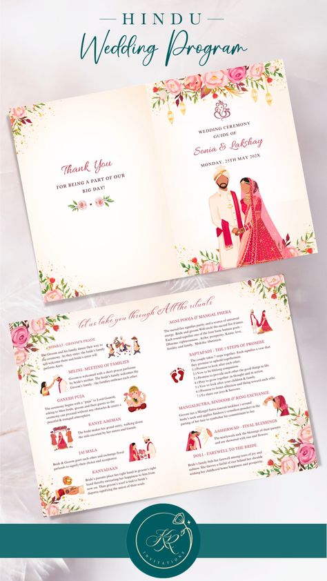 Beautiful Hindu wedding program template for Indian weddings. Printable templates, pastel themed, pink flower theme #weddingprogram Indian Wedding Program Card, Hindu Wedding Program, Indian Wedding Program, Wedding Program Thank You, Indian Ceremony, Wedding Reception Activities, Reception Activities, Unique Wedding Cards, Wedding Icon