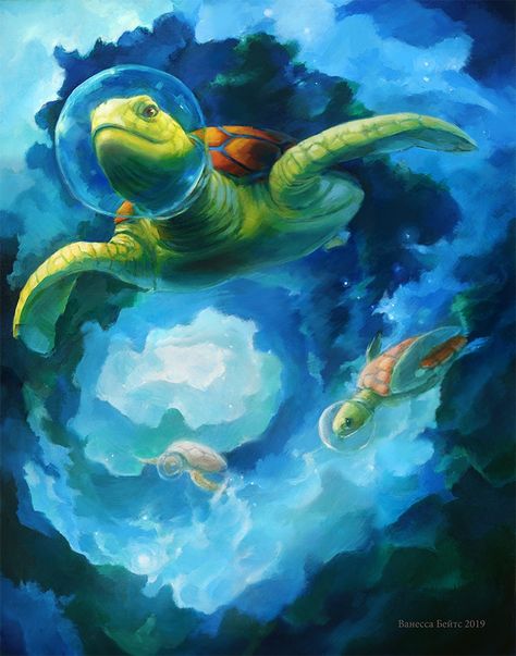 Space Turtle, Space Painting, Exotic Animals, Sea Turtles, Exotic Pets, In Space, Space Art, Mythical Creatures, Traditional Art