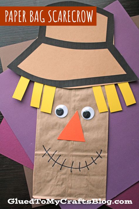 Simple Scarecrow Craft Preschool, Paperbag Scarecrow Craft, Scarecrow Crafts Preschool Art Projects, Mail Bag Craft Preschool, Scarecrow Prek Craft, Brown Paper Bag Scarecrow Craft, Fall Paper Bag Puppets, Scarecrow Name Craft, Paper Bag Scarecrow Craft For Kids