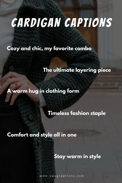 Embrace the autumn vibes with our curated collection of Cardigan Captions and Quotes for Instagram. Layer up in style and let your feed exude warmth and coziness. #cardigansweater #cozyfashion #fallstyle #sweaterweather #instacardigan #fashiongram #casualstyle #captions #instagram #instagramcaptions #igcaption Boots Captions Instagram, Cardigan Quotes, Fall Fashion Inspiration, Cold Outfit, Quotes For Instagram, Sweater Season, Purple Cardigan, Captions For Instagram, Style Inspiration Fall