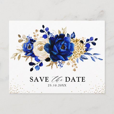 Royal Blue Yellow Gold Floral Save the date Postcard - navy gold save the date invitations Royal Blue And Gold Wedding Theme, Gold Theme Wedding, Gold Yellow Color, Gold Save The Dates, Floral Cards Design, Rustic Save The Dates, Gold Wedding Theme, Save The Date Postcard, Royal Blue Wedding