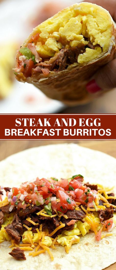 Steak and Egg Breakfast Burritos for the ultimate breakfast food! Loaded with grilled steak, fluffy eggs, fresh tomato salsa, and cheese, they're hearty, tasty and a delicious way to start the day! Burritos Steak, Steak Ideas, Best Eggs, Seared Salmon Recipes, Chimichurri Recipe, Fluffy Eggs, Grilled Steak Recipes, Ultimate Breakfast, Fresh Tomato Salsa