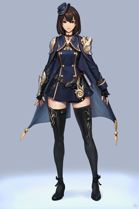 I can really see Ansithe wearing something like this...longer skirt, though. Photographie Portrait Inspiration, Warrior Girl, Female Character Design, Character Design References, Fantasy Clothing, Character Outfits, Blue And Gold, Manga Drawing, Anime Outfits