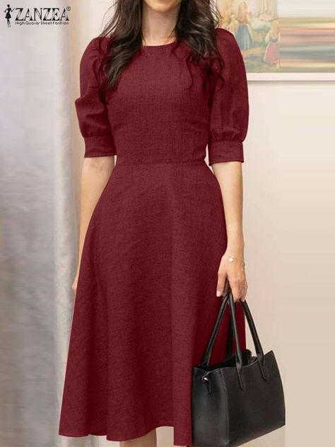 ZANZEA Elegant Women Office Work Dress Summer Half Sleeve Sundress Stylish Slim A-line Vestidos Beautiful Casual Dresses Simple, Work Dress Women, Summer Office Dress, Sundress Women, Simple Dress Casual, Simple Frock Design, Simple Frocks, Frock For Women, Sunday Dress