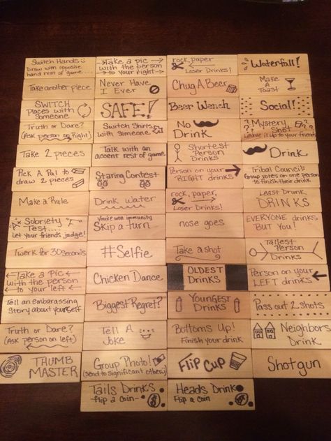 Jenga with a twist... Twisted Jenga, Jenga Dares, Jenga With A Twist, Jenga Drinking Game, Giant Jenga Game, Drunk Jenga, Twist Ideas, Drunk Games, Jenga Game