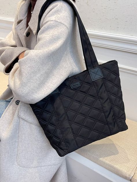 Black Cool   Faux Fur Quilted Shoulder Tote Bag    Women Bags Athletic Wallpaper, Black Quilted Bag, Puffer Bag, Rose Quilt, Wardrobe Pieces, Wine Bag, Black Quilt, Fabric Bag, Shoulder Tote Bag