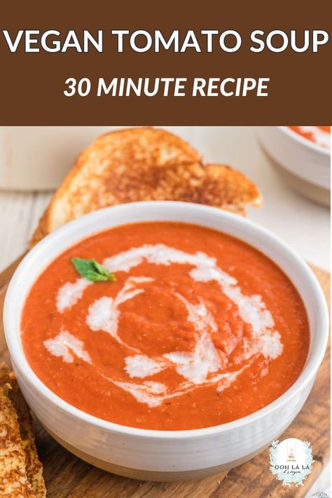 A quick and easy Vegan Tomato Soup recipe that takes only 30 minutes to make. I make mine with canned tomatoes, but you can make it with fresh tomatoes if you prefer. Super low calorie and low fat. Made with only wholesome ingredients. A delicious vegan soup your whole family will love. Vegan Tomato Bisque, Vegan Tomato Soup Recipe, Homemade Tomato Soup Recipe, Super Low Calorie, Vegan Tomato Soup, Healthy Vegan Dinner, Vegan Kids Recipes, Tomato Soup Recipe, Vegetarian Soup Recipes