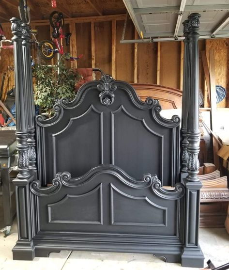 Black Goth Bedframe, Cherry Bed Makeover, Gothic Bed Frame Diy, Diy Gothic Headboard, Black Painted Bed, Gothic Bed Frame, Gothic Headboard, Victorian Beds, Espresso Bed