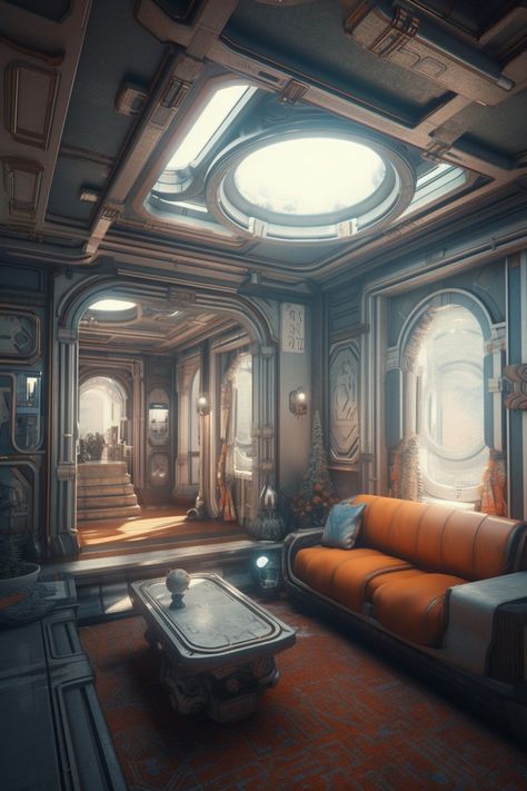 Sci Fi Mansion Concept Art, Fantasy Ship Interior, Space Station Concept Art Interior, Sci Fi Space Aesthetic, Sci Fi Library, Scifi Library, Decopunk Aesthetic, Retrofuture Interior, Retrofuturism Design